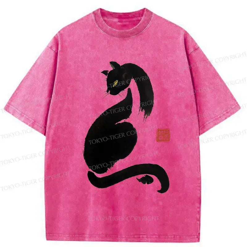 Kyoto-Lion Elegant Black Cat Japan Washed T-Shirt