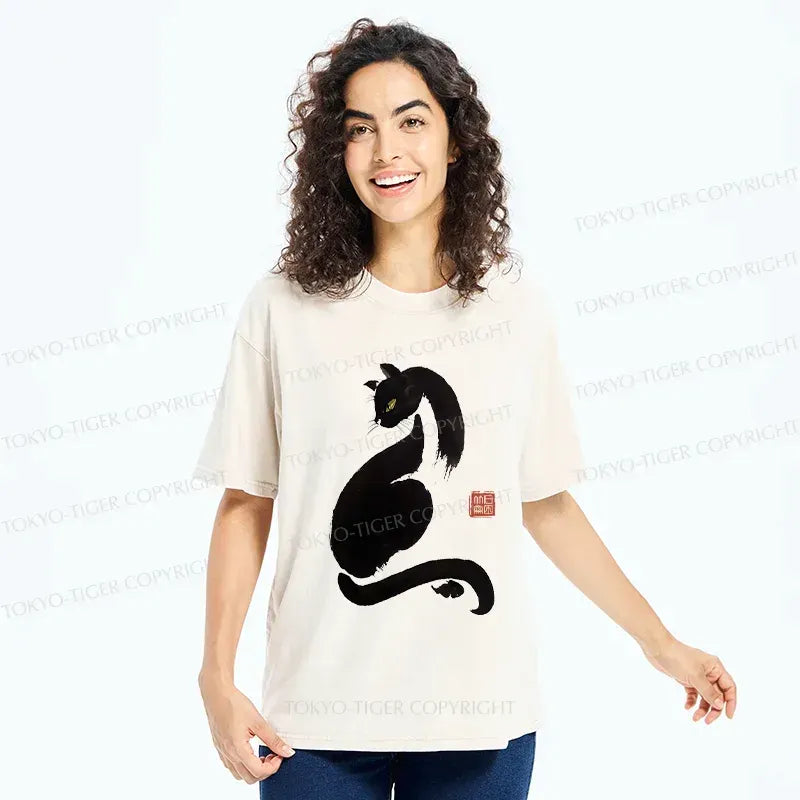 Japanese Black Cat Washed T-Shirt