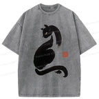 Japanese Black Cat Washed T-Shirt