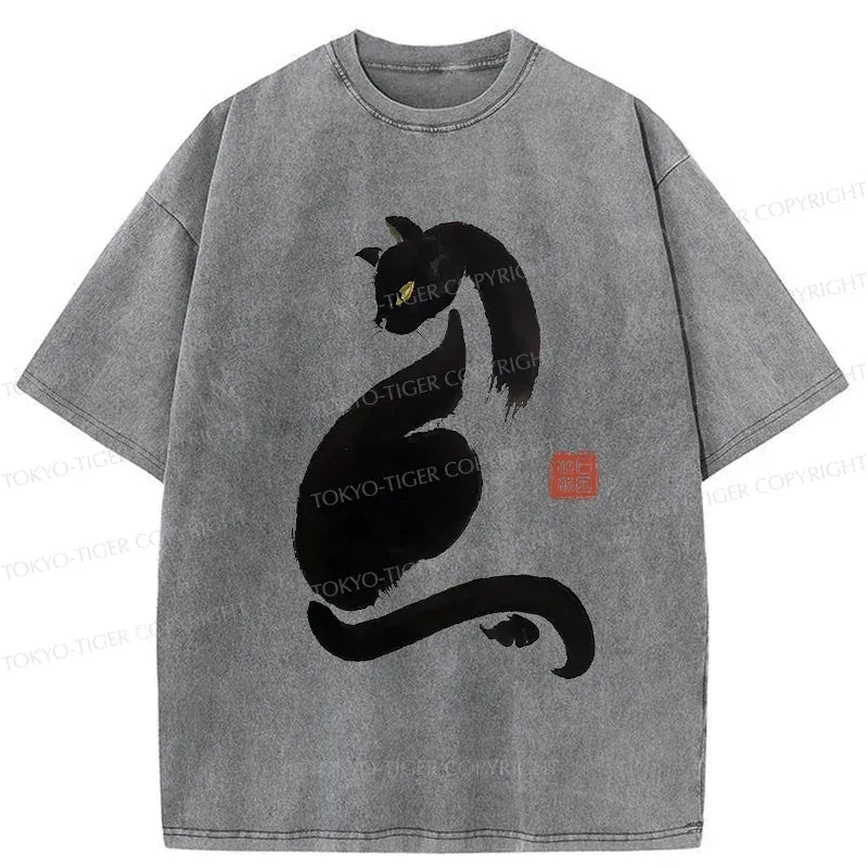 Japanese Black Cat Washed T-Shirt