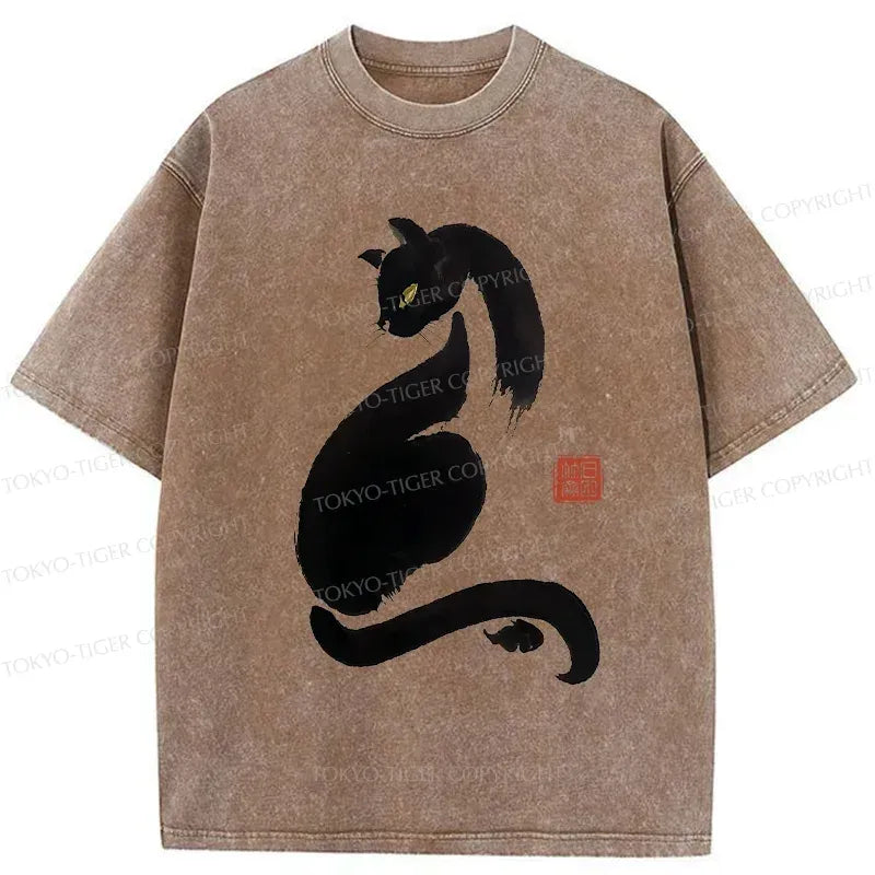 Kyoto-Lion Elegant Black Cat Japan Washed T-Shirt