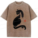 Kyoto-Lion Elegant Black Cat Japan Washed T-Shirt