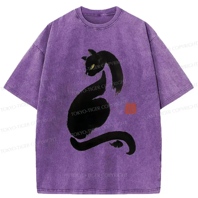 Japanese Black Cat Washed T-Shirt