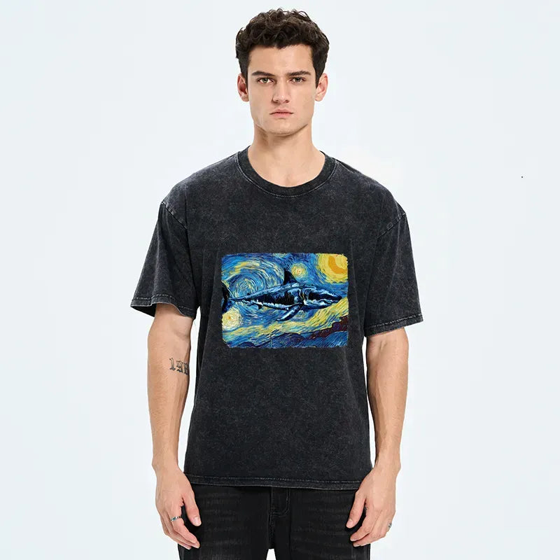 Van Gogh Shark Washed Tee for Daily Wear