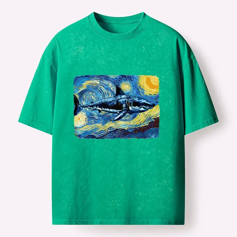 Van Gogh Shark Washed Tee for Daily Wear