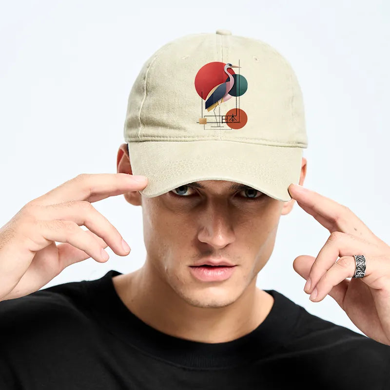 Kyoto-Lion Geometric Crane Art Washed Cap