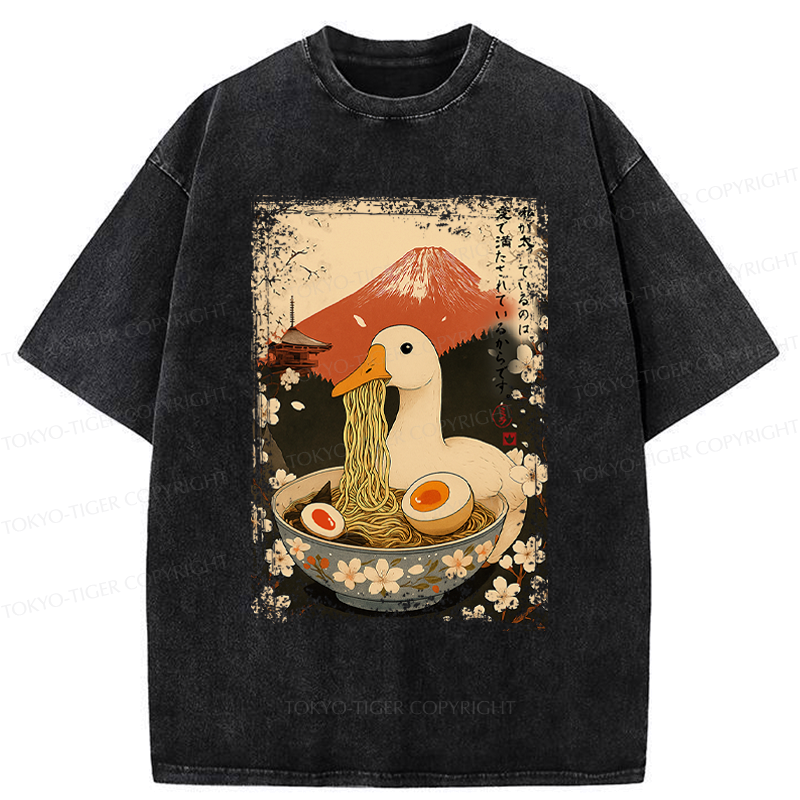 Kyoto-Lion Japanese Ukiyoe Goose Eat Ramen Poster Washed T-Shirt