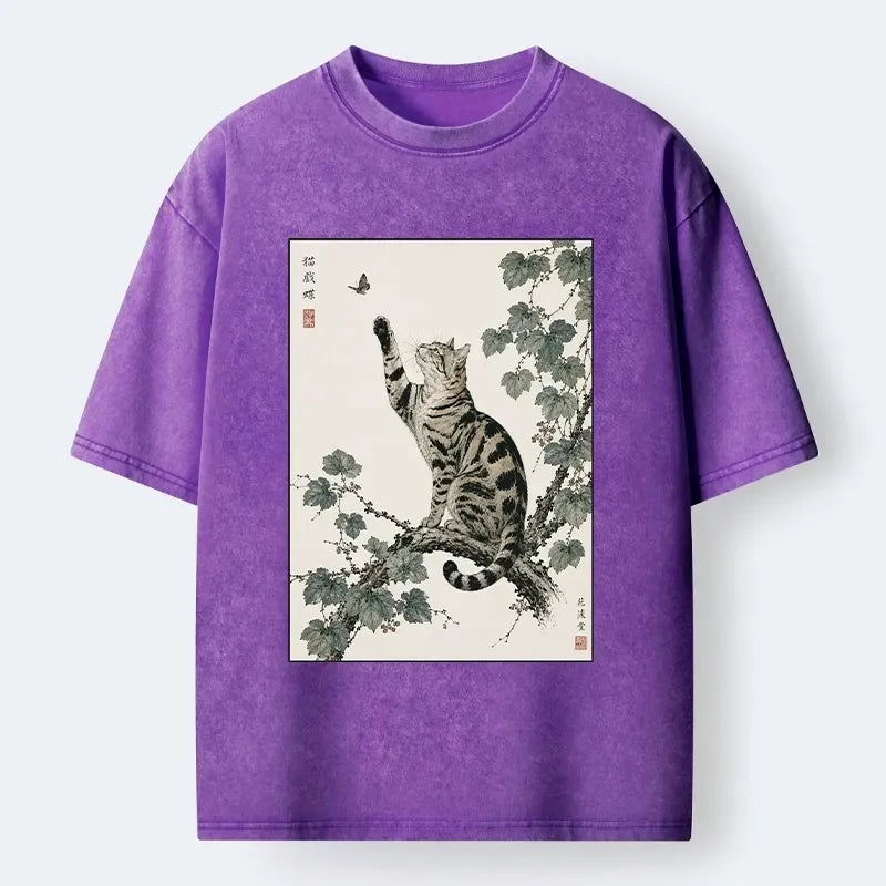Kyoto-Lion Cat Playing With Butterfly Art Washed T-Shirt