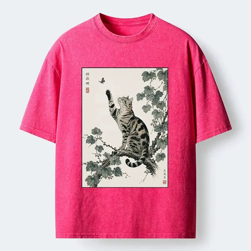 Kyoto-Lion Cat Playing With Butterfly Art Washed T-Shirt