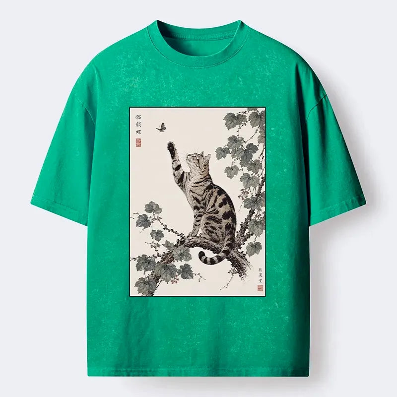 Kyoto-Lion Cat Playing With Butterfly Art Washed T-Shirt