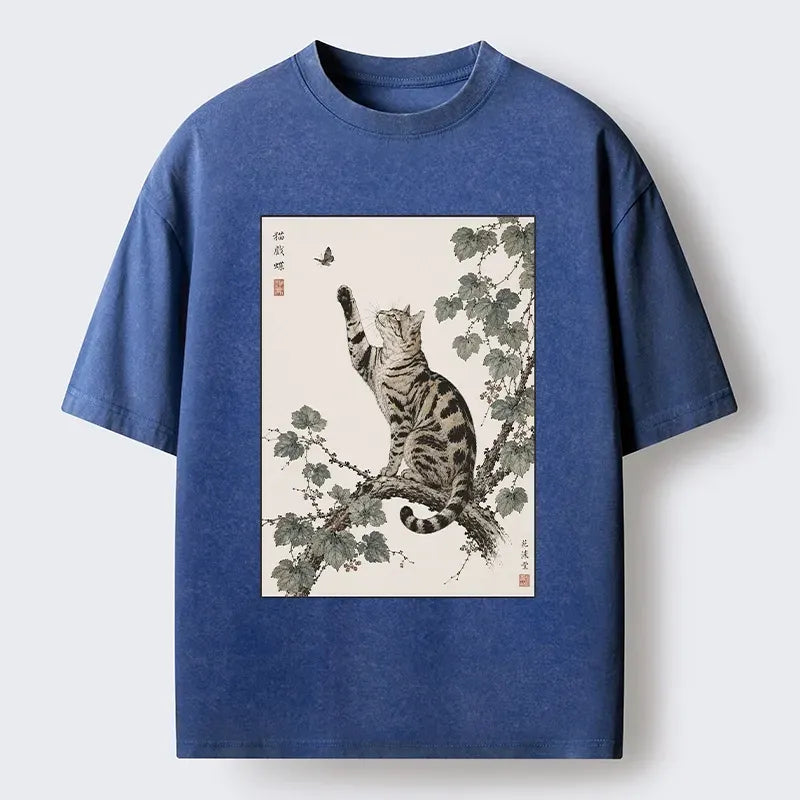Cat playing with butterfly washed tee gift idea