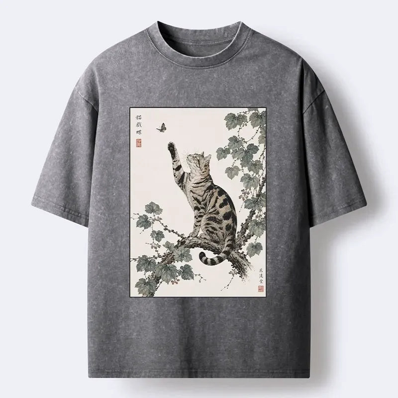 Cat playing with butterfly washed tee gift idea