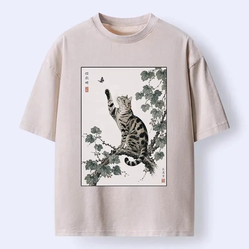 Kyoto-Lion Cat Playing With Butterfly Art Washed T-Shirt