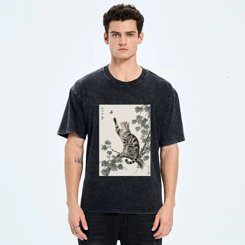 Kyoto-Lion Cat Playing With Butterfly Art Washed T-Shirt