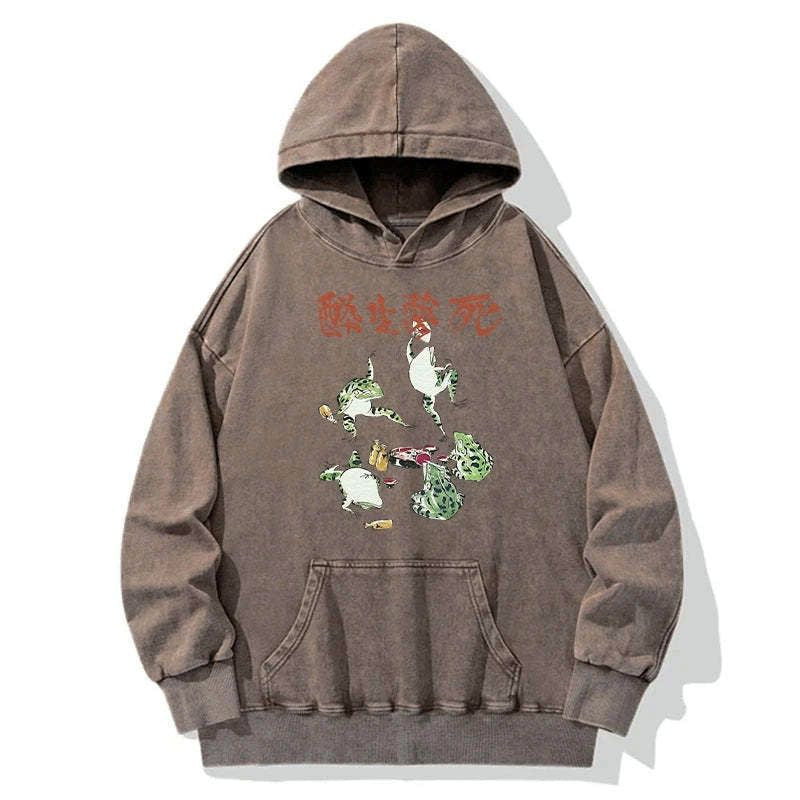 Japanese frog kanji washed hoodie for daily wear