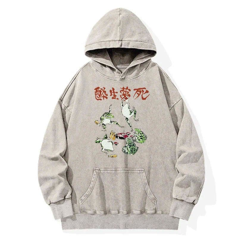 Japanese frog kanji washed hoodie for daily wear