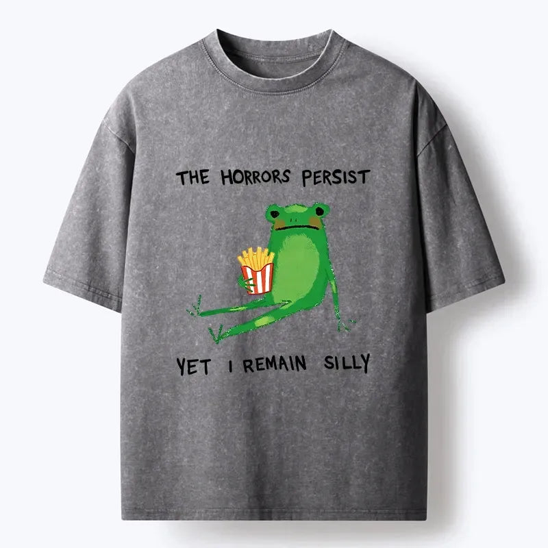 Kyoto-Lion Silly Frog With Fries Vibe Art Washed T-Shirt