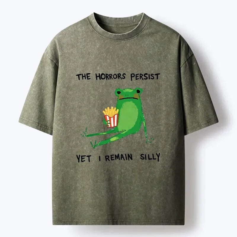 Kyoto-Lion Silly Frog With Fries Vibe Art Washed T-Shirt