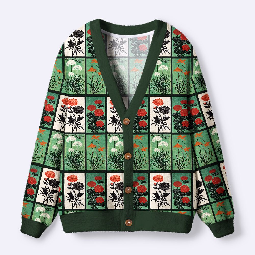 Kyoto-Lion Ukiyoe Evergreen Elegance Ugly Cardigan Sweater
