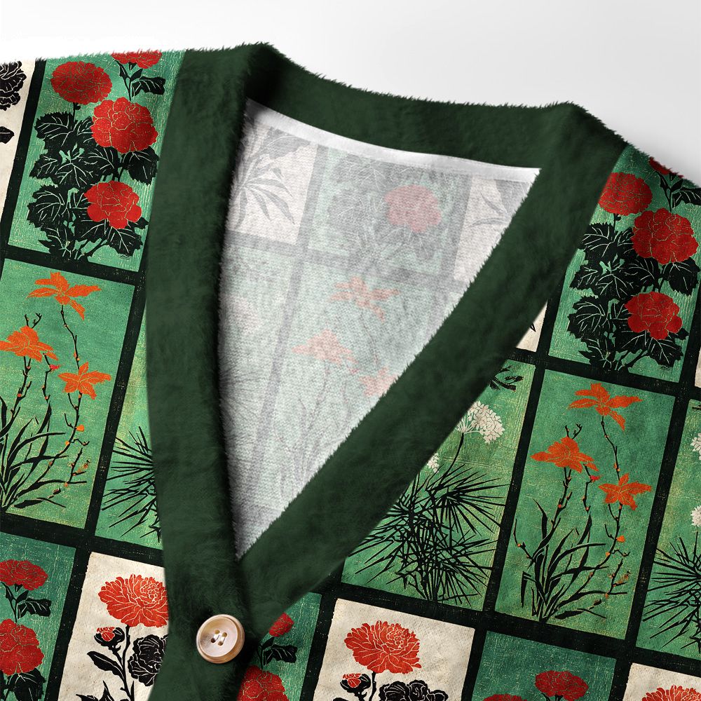 Kyoto-Lion Ukiyoe Evergreen Elegance Ugly Cardigan Sweater
