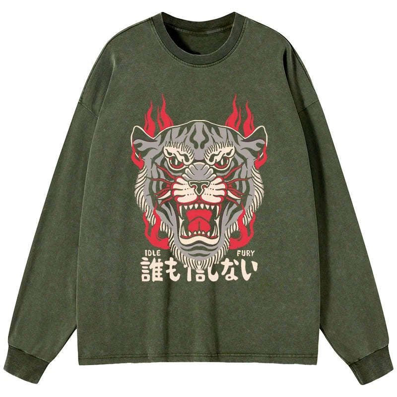 Kyoto-Lion Retro Tiger Japanese Washed Long Sleeve T-Shirt