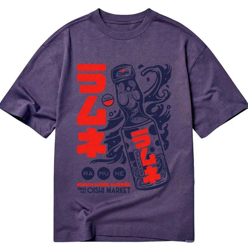 trendy japanese ramune print t-shirt for streetwear