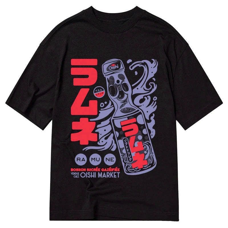 trendy japanese ramune print t-shirt for streetwear
