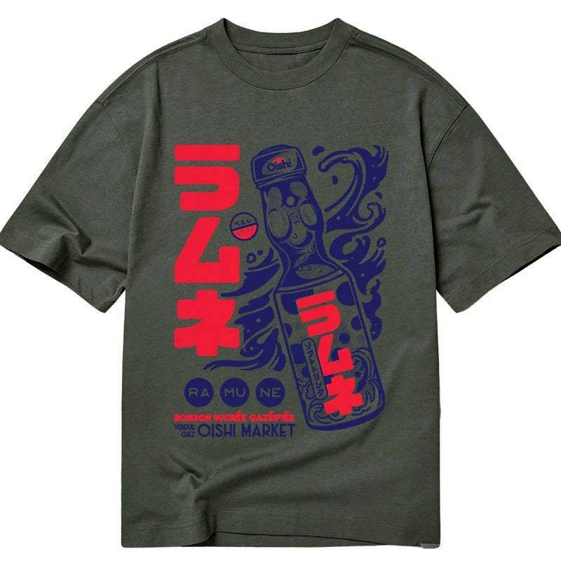 trendy japanese ramune print t-shirt for streetwear
