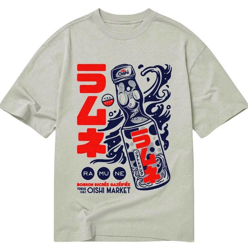 trendy japanese ramune print t-shirt for streetwear