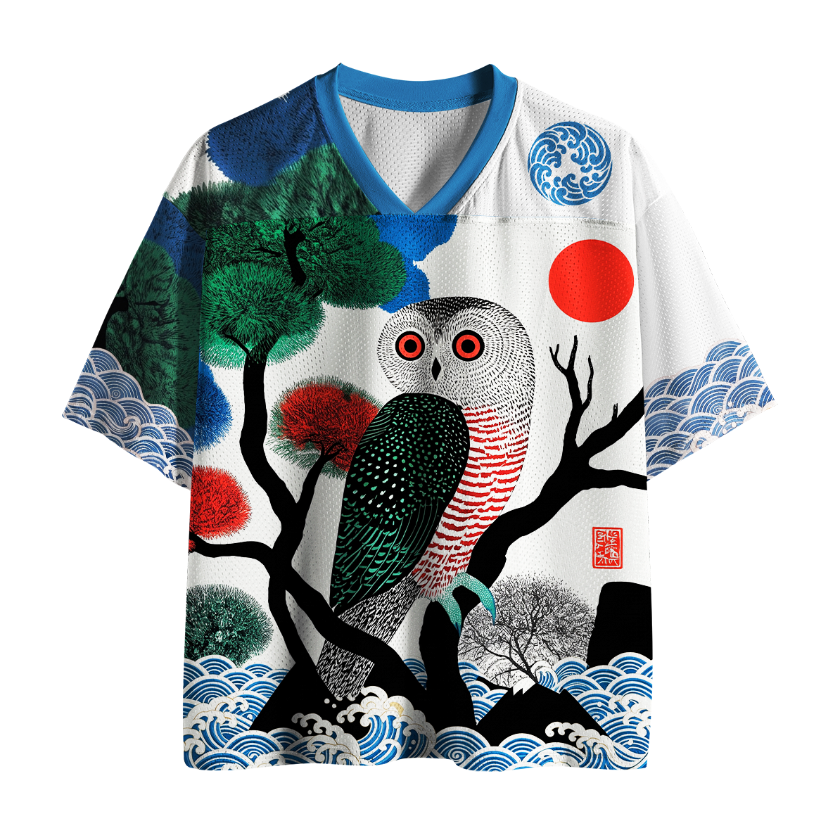 Kyoto-Lion Ukiyo-e Owl Red Sun Pine Wave Mesh Jersey