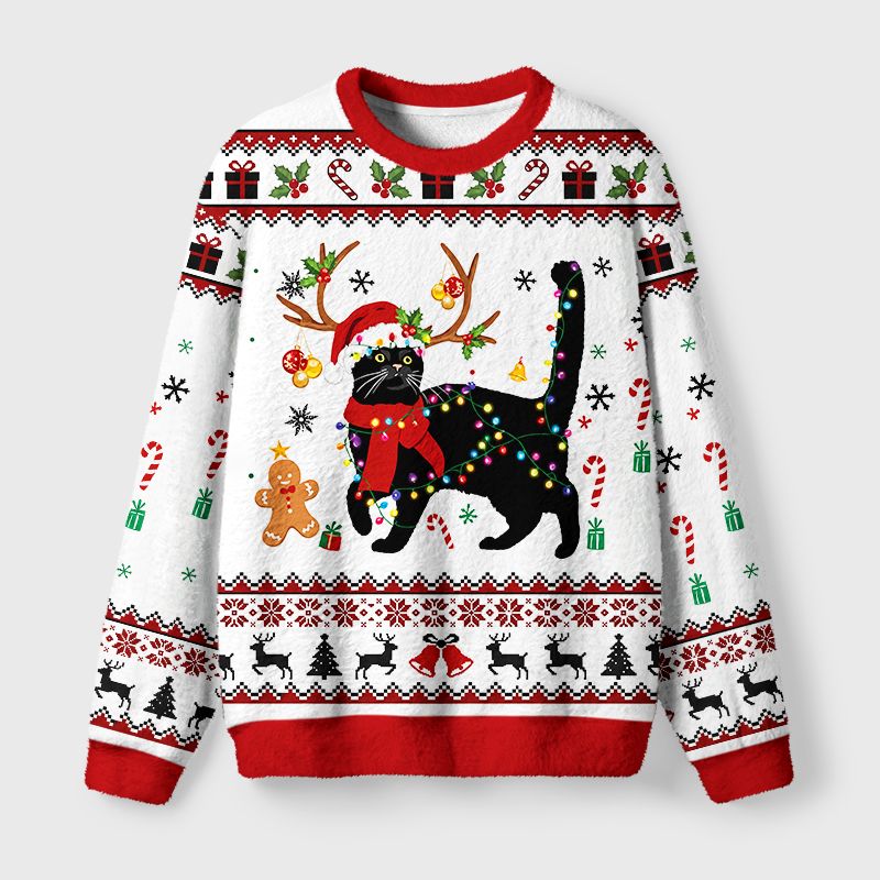 Kyoto-Lion Christmas Black Cat Fuzzy Christmas Ugly Sweatshirt