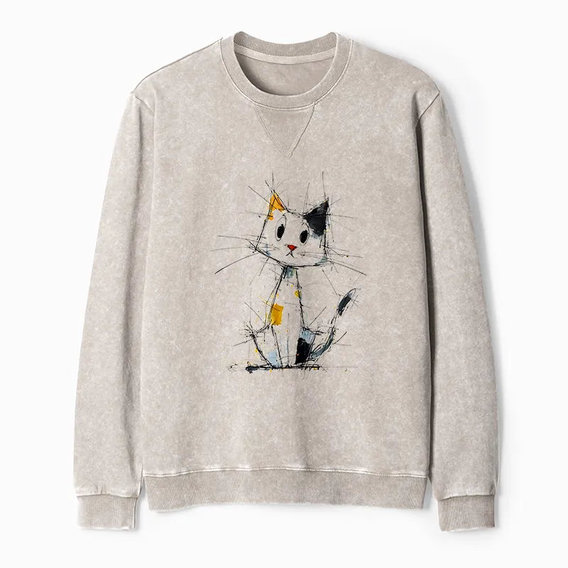Kyoto-Lion Minimal Splash Ink Cute Cat Washed Terry Sweatshirt