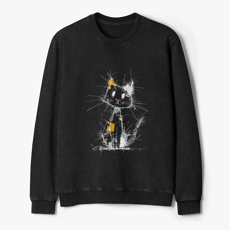 Kyoto-Lion Minimal Splash Ink Cute Cat Washed Terry Sweatshirt
