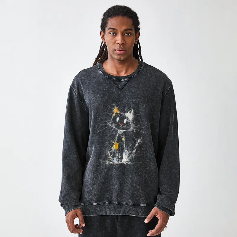 Kyoto-Lion Minimal Splash Ink Cute Cat Washed Terry Sweatshirt