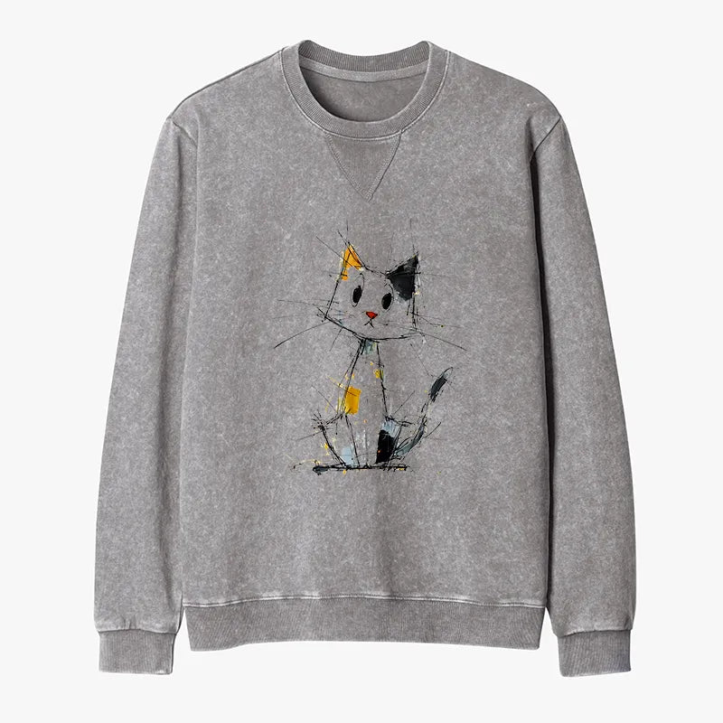 Kyoto-Lion Minimal Splash Ink Cute Cat Washed Terry Sweatshirt