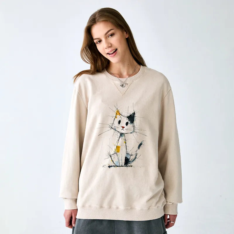 Kyoto-Lion Minimal Splash Ink Cute Cat Washed Terry Sweatshirt