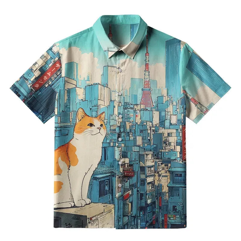 Japanese Cat Button-up Shirt for Daily Wear