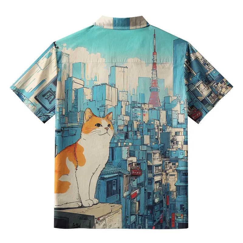Japanese Cat Button-up Shirt for Daily Wear