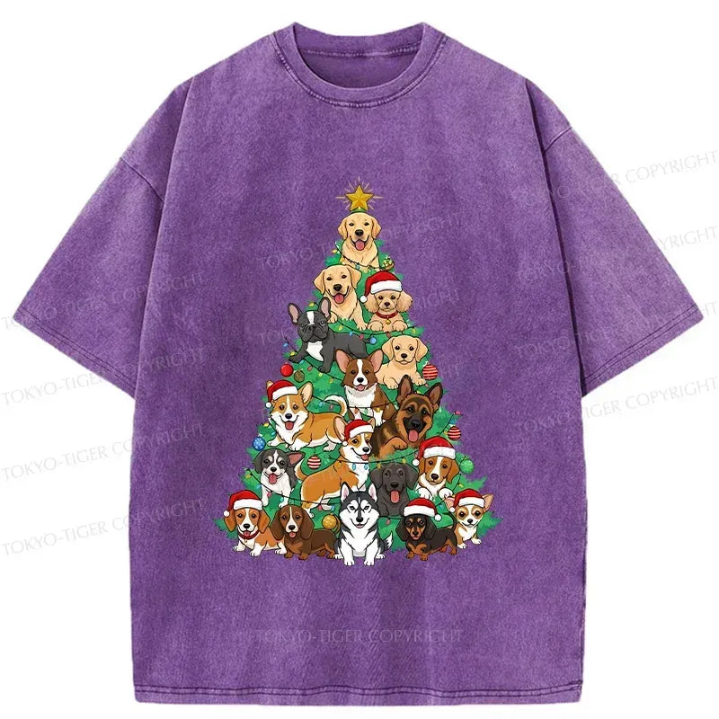 Kyoto-Lion Christmas Tree Dog Funny Washed T-Shirt