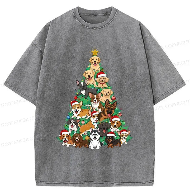 Kyoto-Lion Christmas Tree Dog Funny Washed T-Shirt