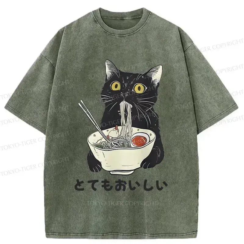 Kyoto-Lion Cats Eat Ramen Noodles Washed T-Shirt