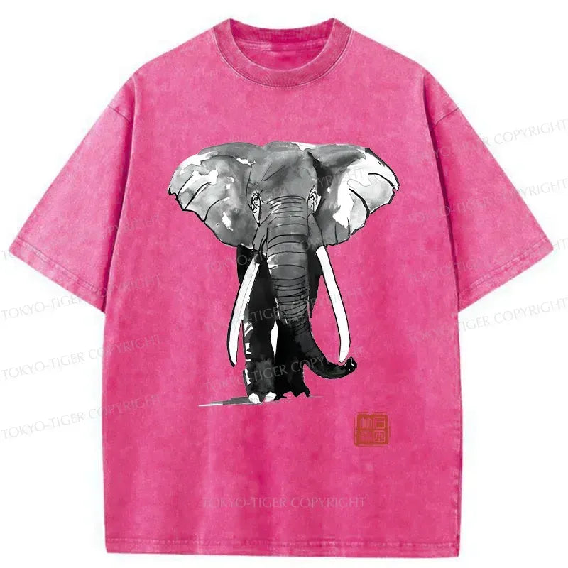Kyoto-Lion Elephant Ink Painting Washed T-Shirt