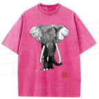 Kyoto-Lion Elephant Ink Painting Washed T-Shirt