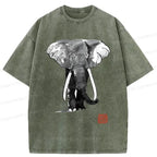 Kyoto-Lion Elephant Ink Painting Washed T-Shirt