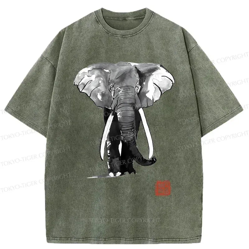 Kyoto-Lion Elephant Ink Painting Washed T-Shirt