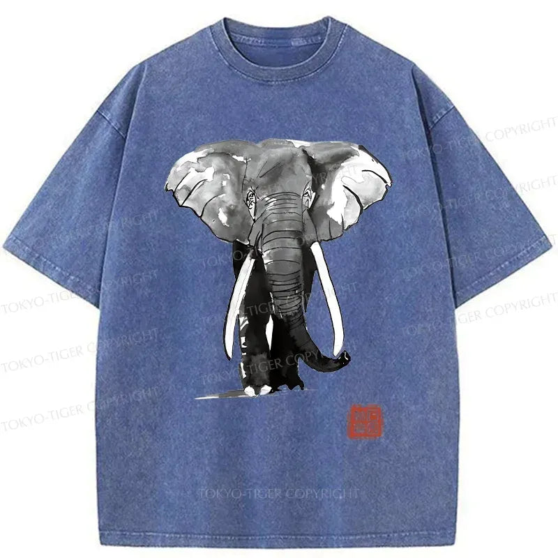 Kyoto-Lion Elephant Ink Painting Washed T-Shirt