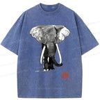 Kyoto-Lion Elephant Ink Painting Washed T-Shirt