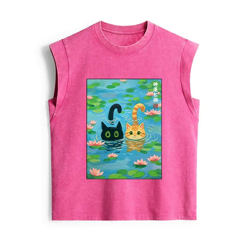 Kyoto-Lion Cats In The Lotus Pond Women's Washed Tank Tops