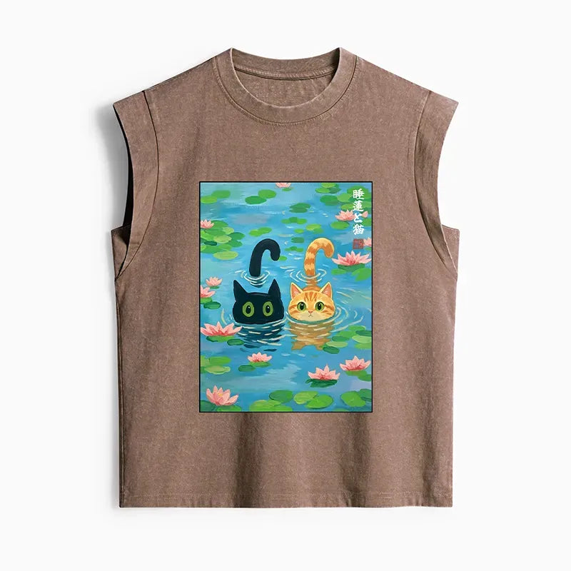 Kyoto-Lion Cats In The Lotus Pond Women's Washed Tank Tops