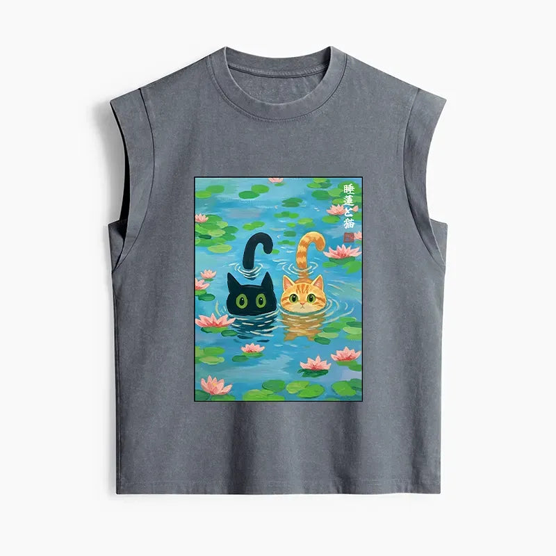Washed Women's Tank Top with Lotus Pond